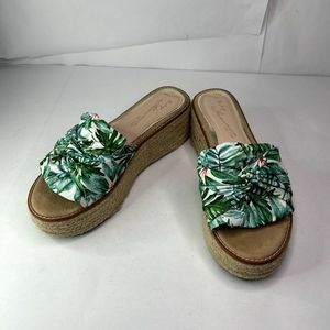 Vintage Havana Floral Leather Teal Espadrilles Sandals Slip On Comfy Multicolor